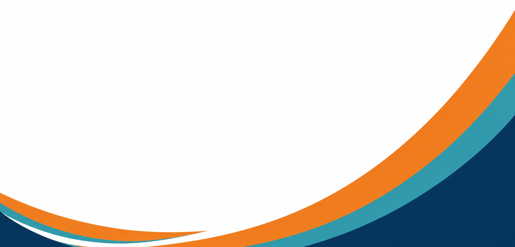 Colorful abstract wavy design with white background and orange, blue, and teal curved stripes at the bottom right corner.