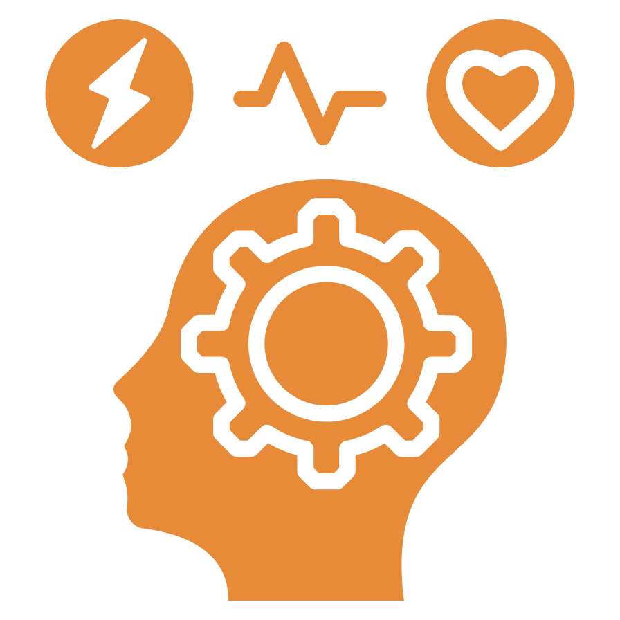 Illustration of a human head profile with a gear inside, symbolizing thinking or mental processes. Above the head are three icons: a lightning bolt, a heartbeat line, and a heart, representing energy, health, and emotion.