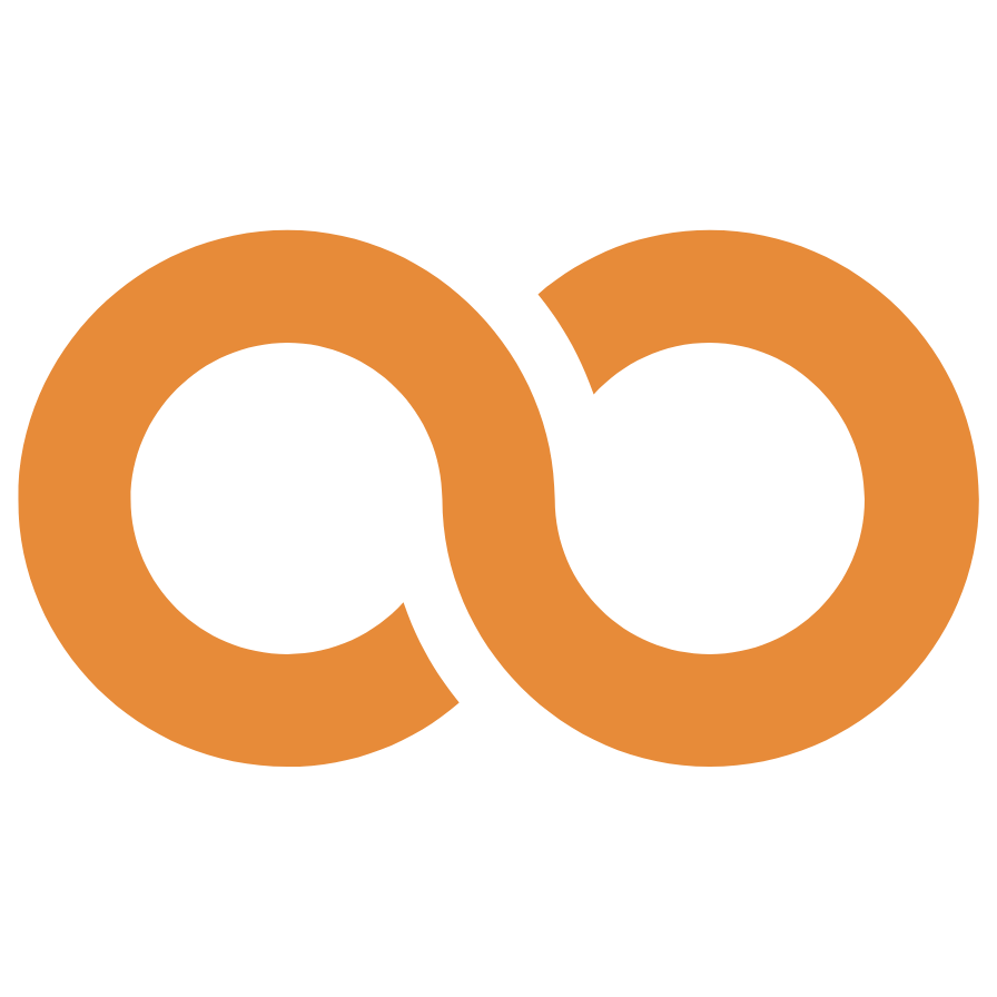 Orange infinity symbol logo with black background.