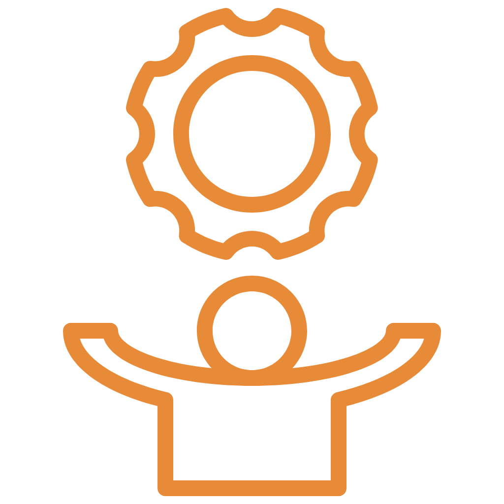 Line drawing of a person standing inside a boat, with a large gear above their head.