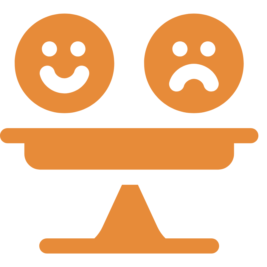 Two orange emoticons with expressive faces on a orange pedestal, one smiling and one sad.