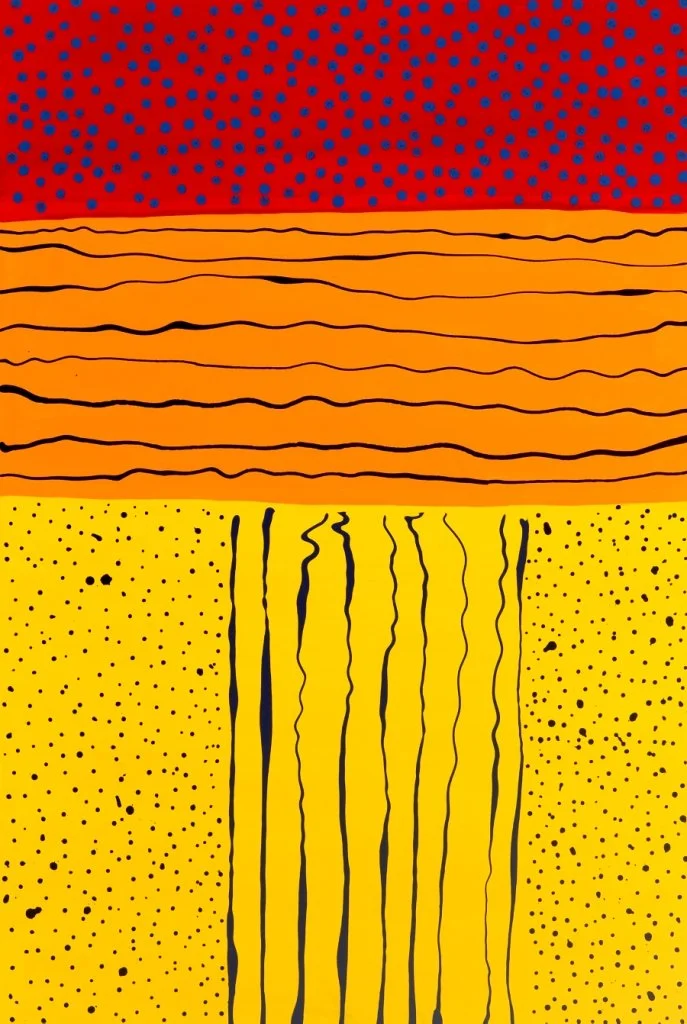 Abstract artwork with three horizontal sections: red with blue dots at the top, orange with black wavy lines in the middle, and yellow with black dots and vertical lines at the bottom.