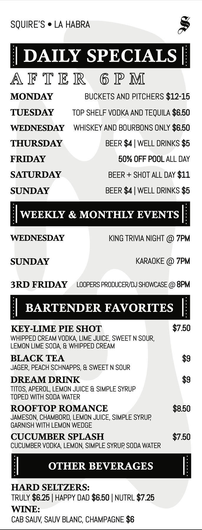 Weekly and daily specials menu from Squire's in La Habra, listing food, drink, and event offers for each day of the week.