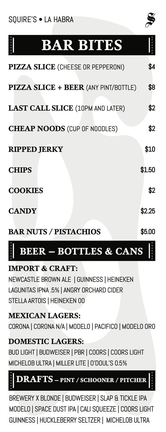 Menu from Squire's La Habra listing bar bites, beer, and shot options. Items include pizza slices, snacks, jerky, chips, cookies, candies, nuts, and various bottled and canned beers, including craft and Mexican lagers. Prices range from $1.50 to $10.