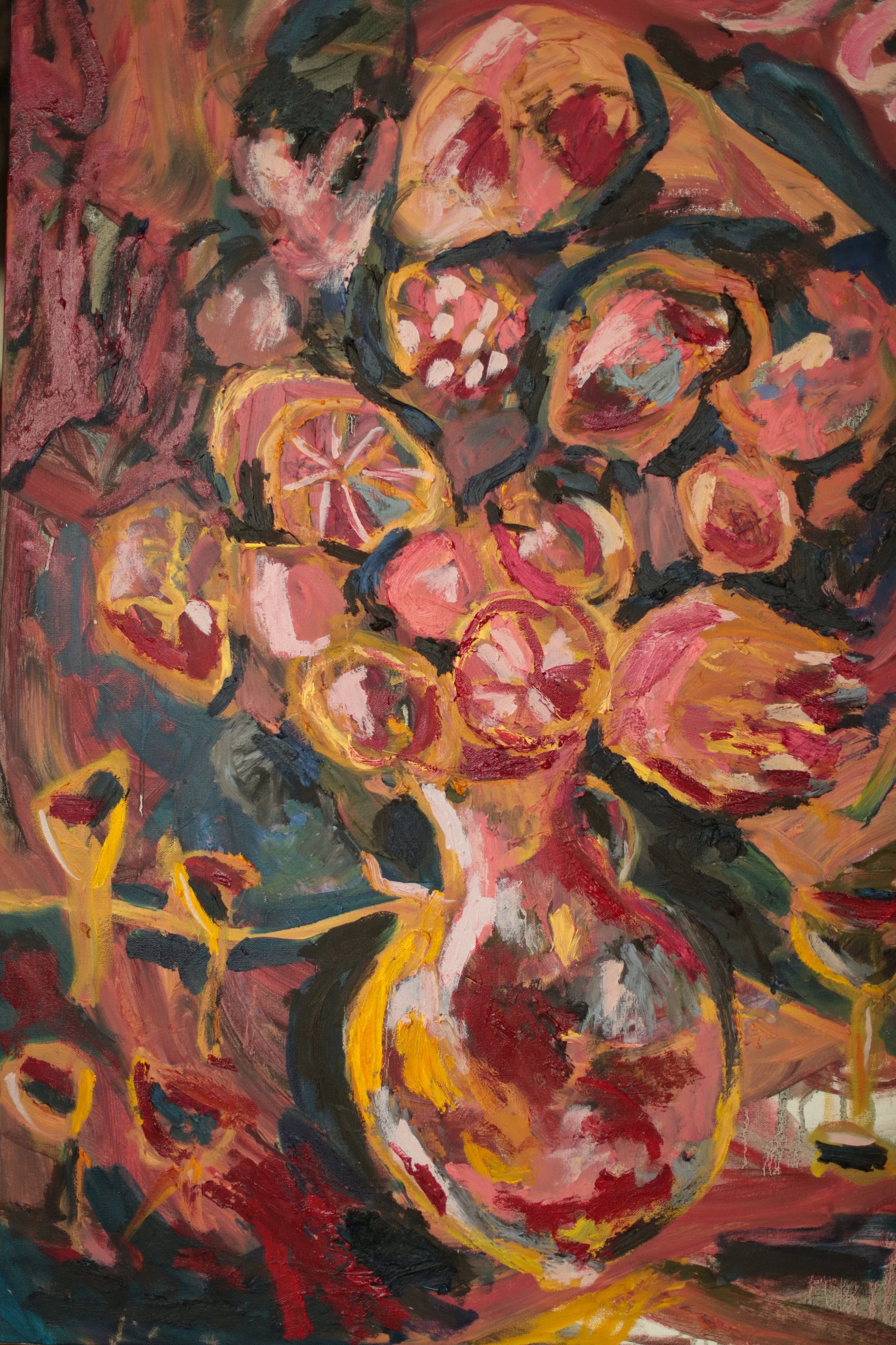The Bacchanal by Erin Smith, a crowded bouquet of coral and deep red blooms rising from a wine decanter, oil on canvas