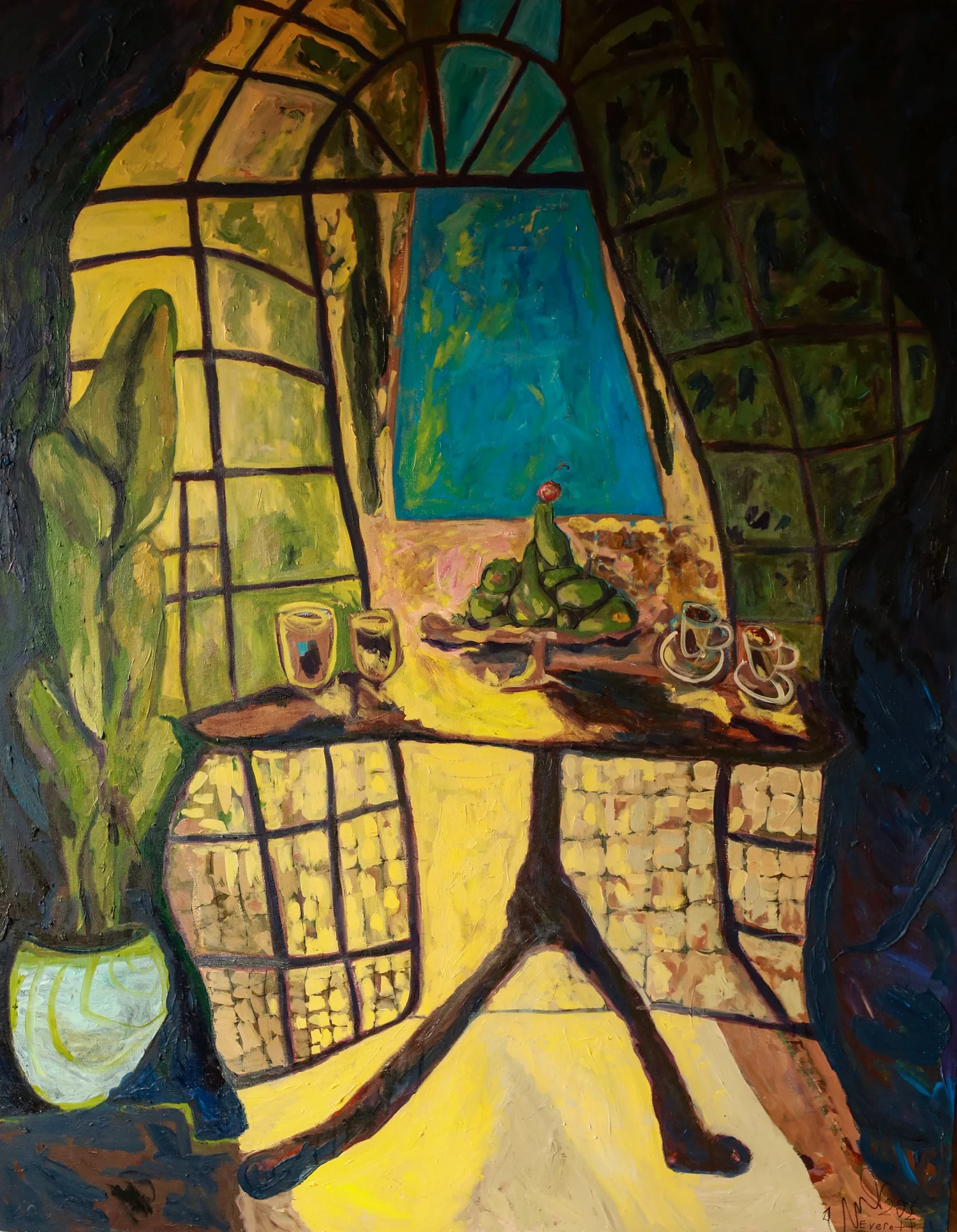 Room portrait in thick oil by Erin Smith: a pedestal table set with two glasses, two cups and a bowl of pears in front of a tall arched window, a potted plant at the left, the floor tipped toward the viewer