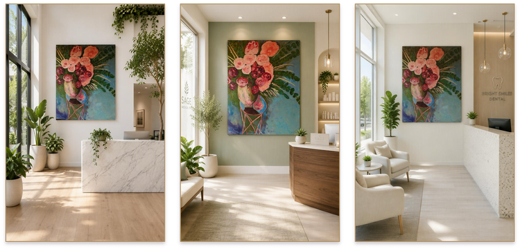 Room visualization of a floral oil painting by Erin Smith in three hotel lobby settings
