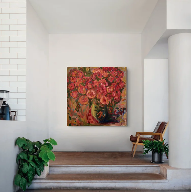 Room visualization of a floral oil painting by Erin Smith in a white entry with a potted plant