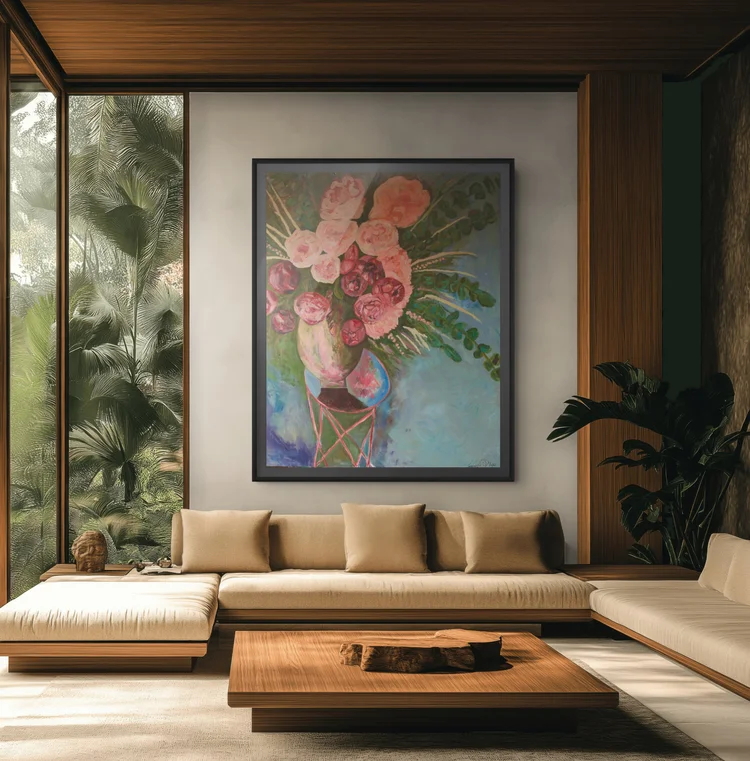 Room visualization of a floral oil painting by Erin Smith in a living room with warm wood paneling
