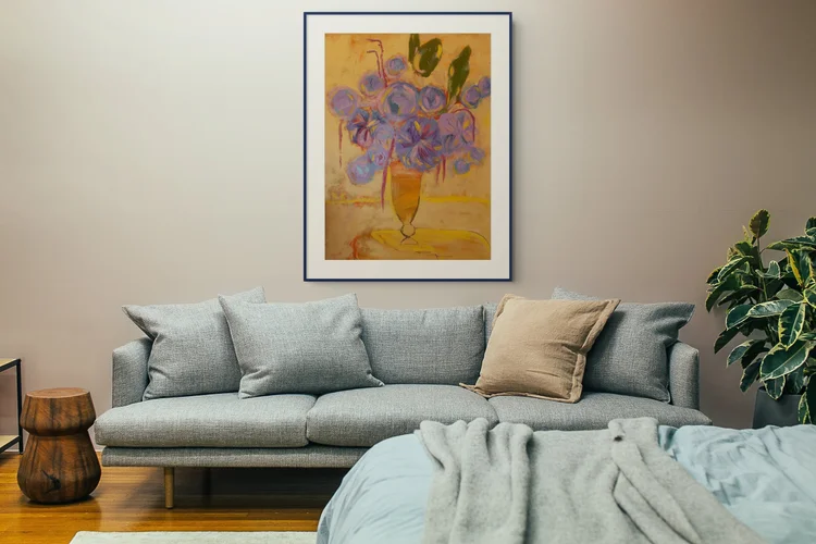 Room visualization of a floral oil painting by Erin Smith in a living room with a pale blue sofa