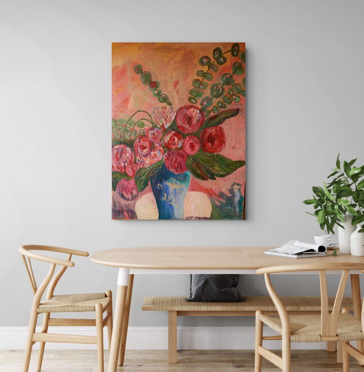 Room visualization of a floral oil painting by Erin Smith in a dining nook with a wooden table