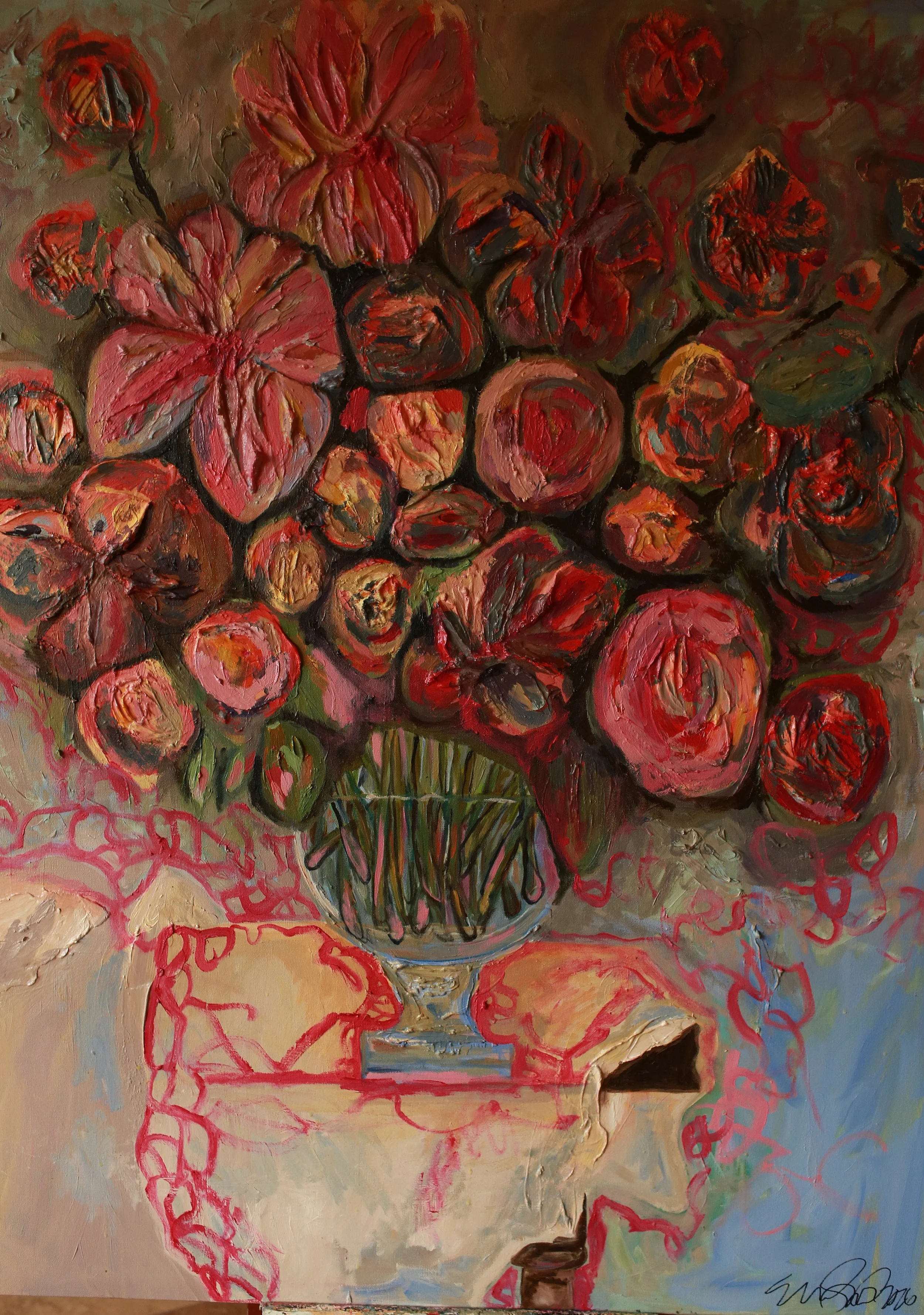 A painting of a bouquet of red and pink flowers in a glass vase on a table, with a beige background and scribbled red lines.