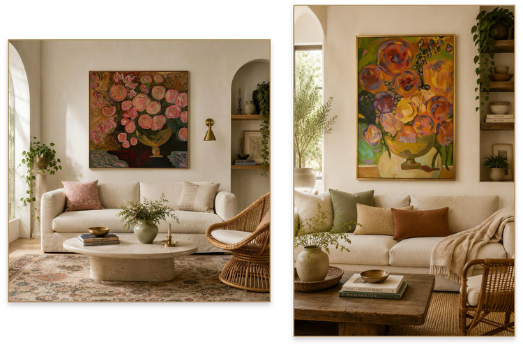 Room visualization of a floral oil painting by Erin Smith in two living rooms side by side