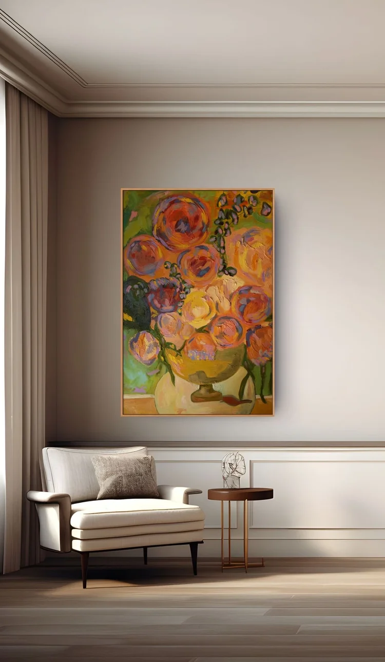 Room visualization of a floral oil painting by Erin Smith in a white room with a chaise