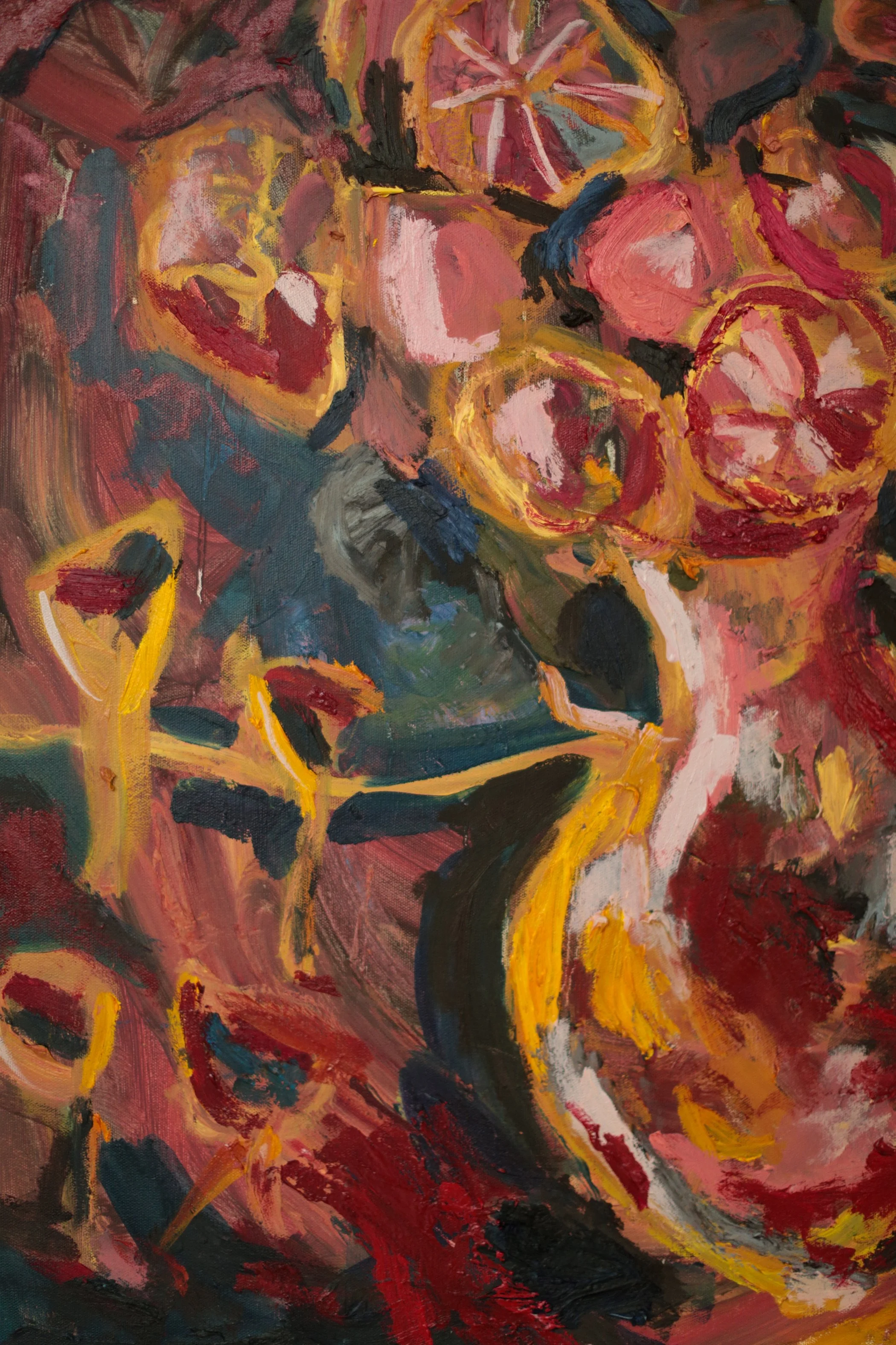 Detail of The Bacchanal by Erin Smith, stemmed wine glasses drawn in yellow oil stick against a navy and pink ground