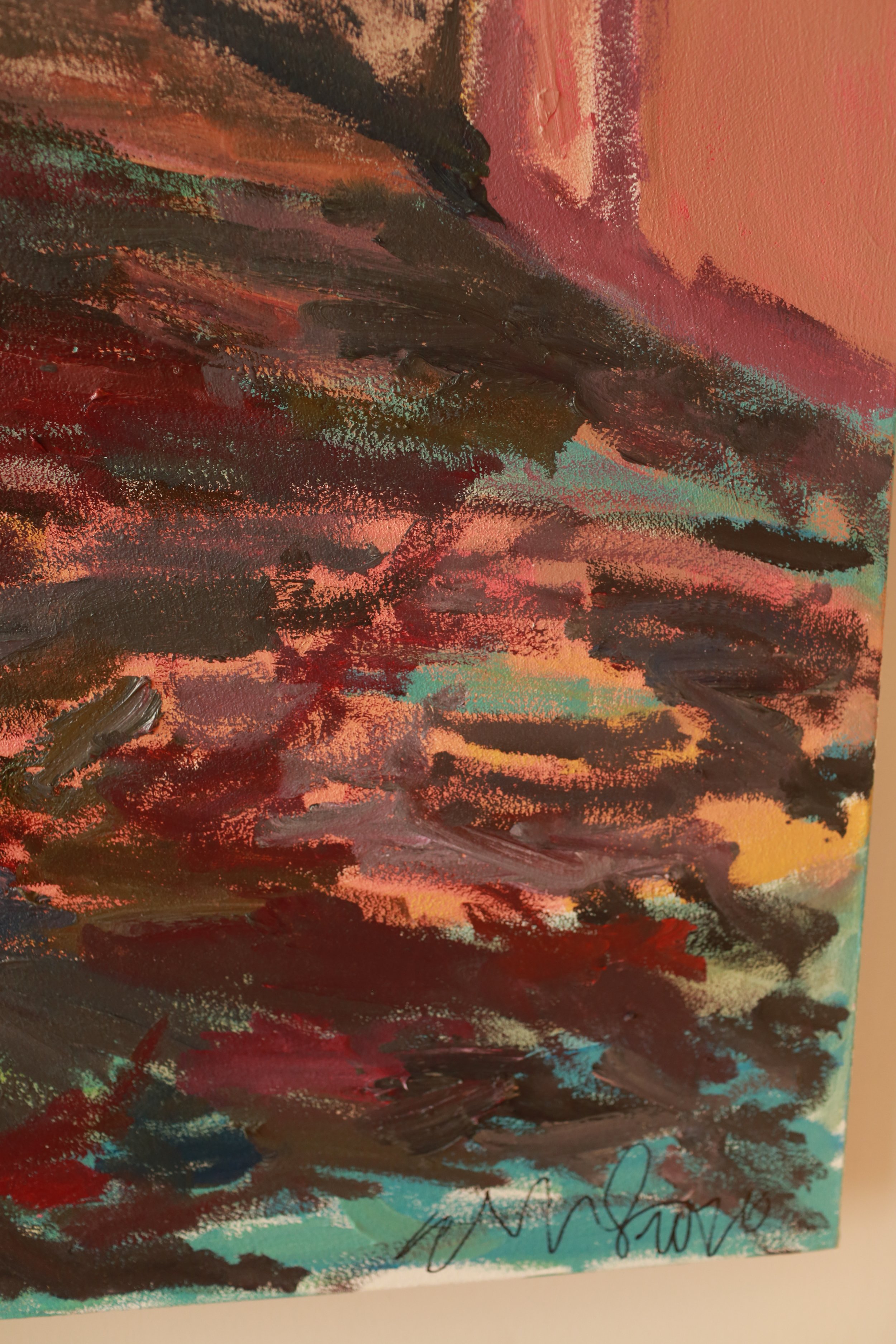Abstract painting with bold strokes of black, red, pink, and turquoise colors.