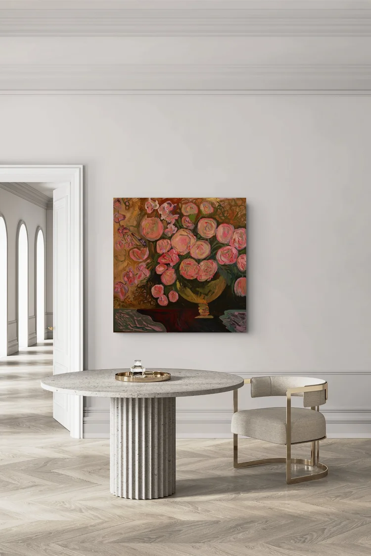 Room visualization of a floral oil painting by Erin Smith in a minimal white room with a round table