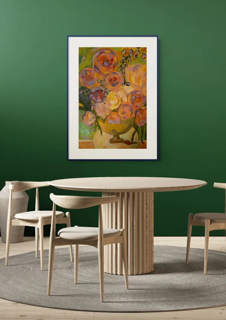 Room visualization of a floral oil painting by Erin Smith in a dining area with a green wall