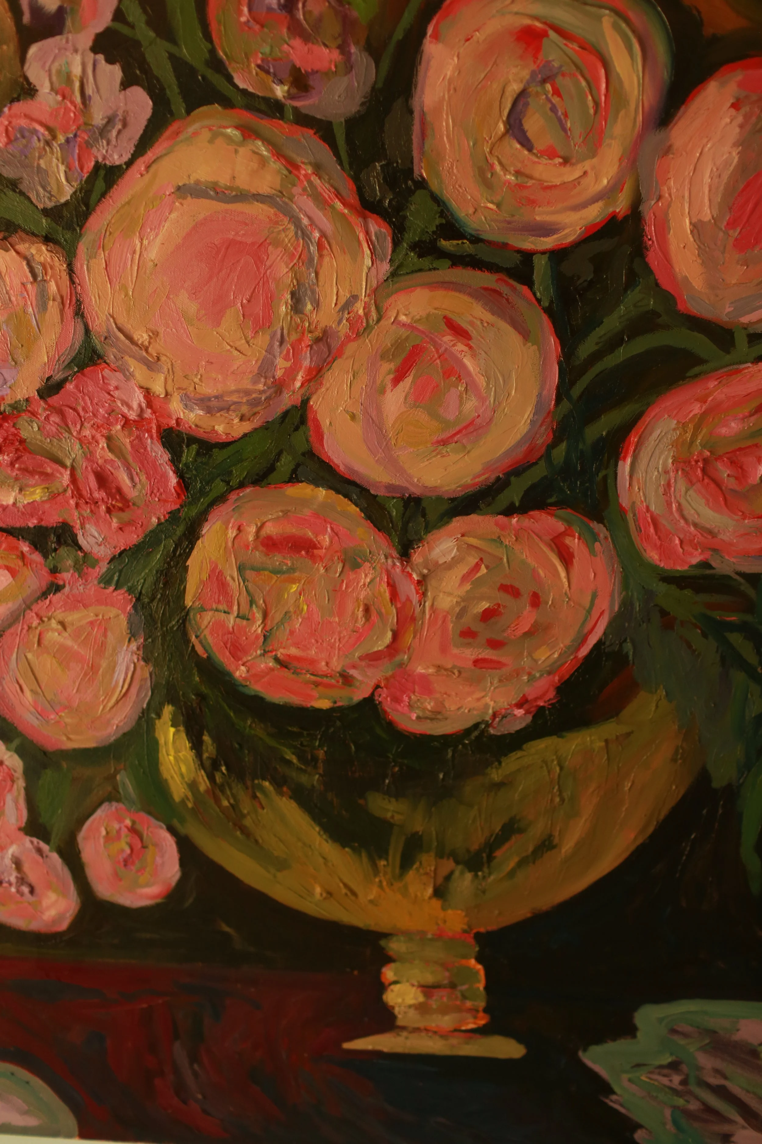 An abstract painting of a bouquet of pink, orange, and red roses with thick, expressive brushstrokes, set against a dark background.