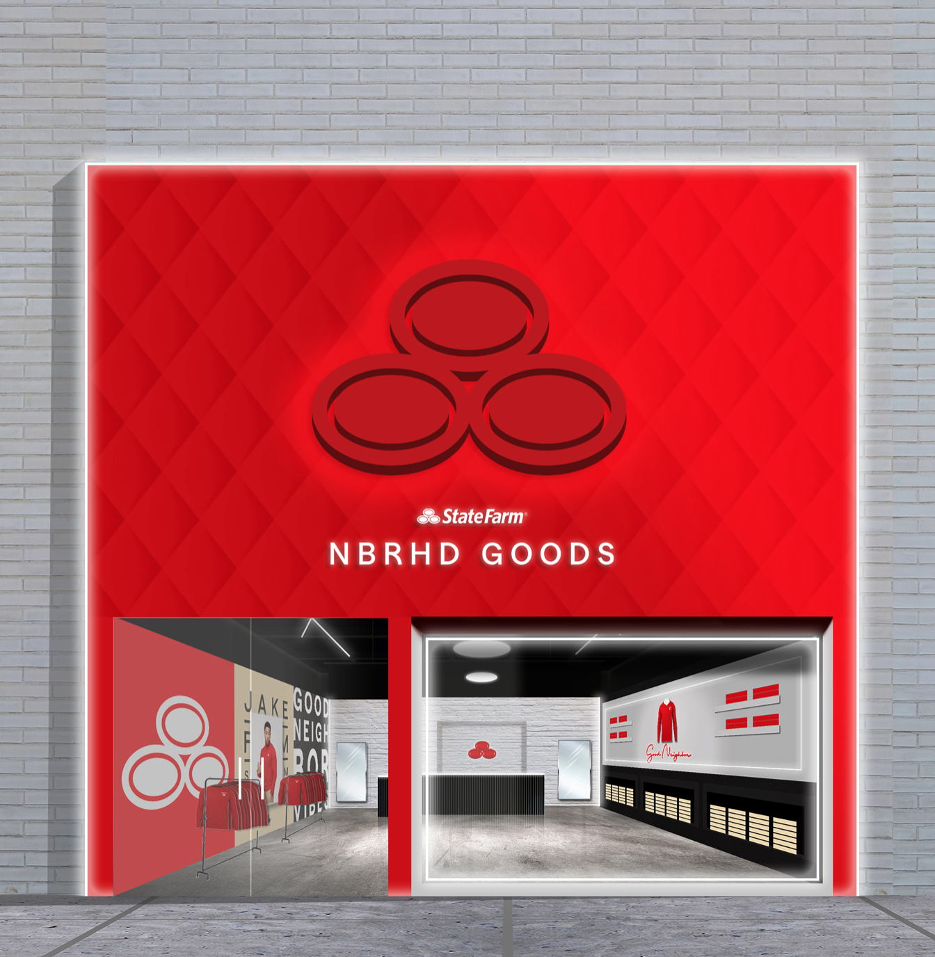 Storefront for State Farm NBRHD GOODS with a red and white color scheme, displaying a logo with three overlapping circles, and interior featuring a clothing display and signage.