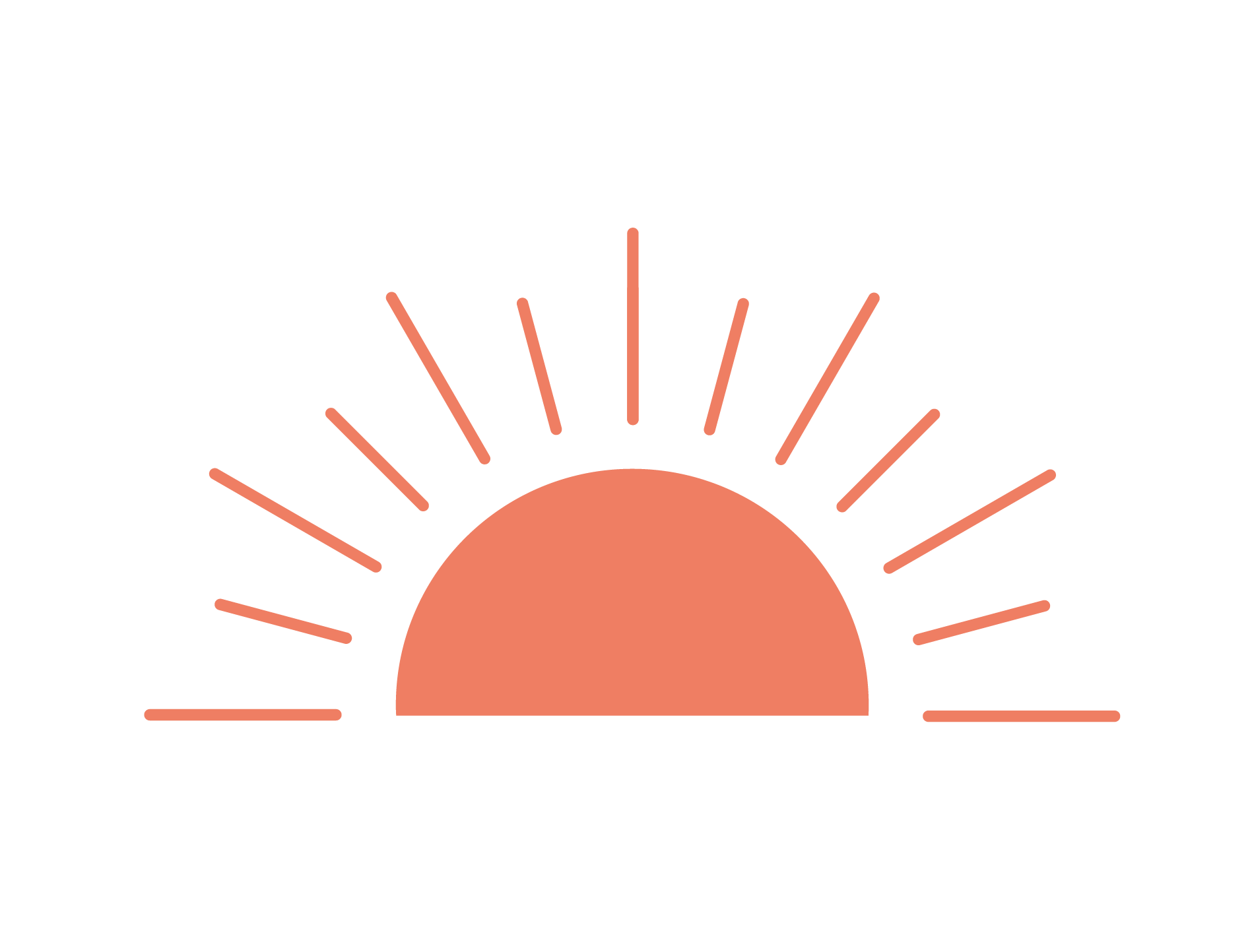Sunset or sunrise graphic with a semi-circle sun and radiating lines on a black background.