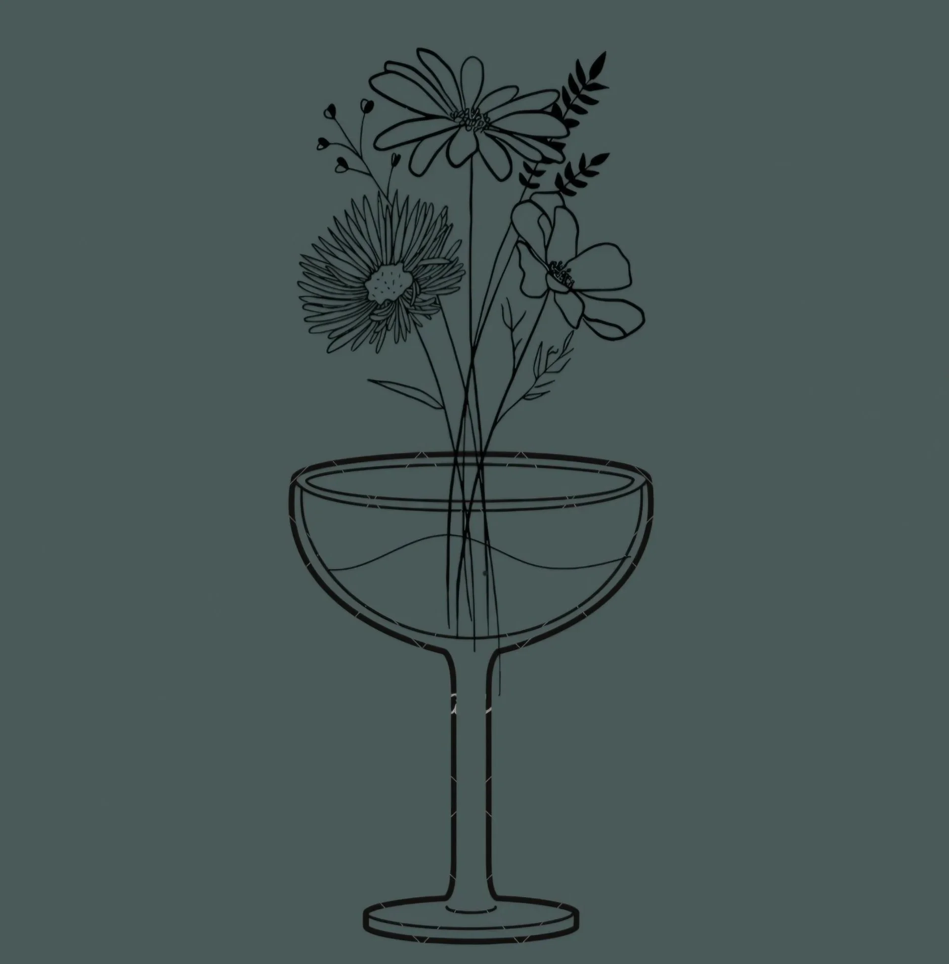 Line drawing of a glass vase with flowers and leaves, on a dark teal background.