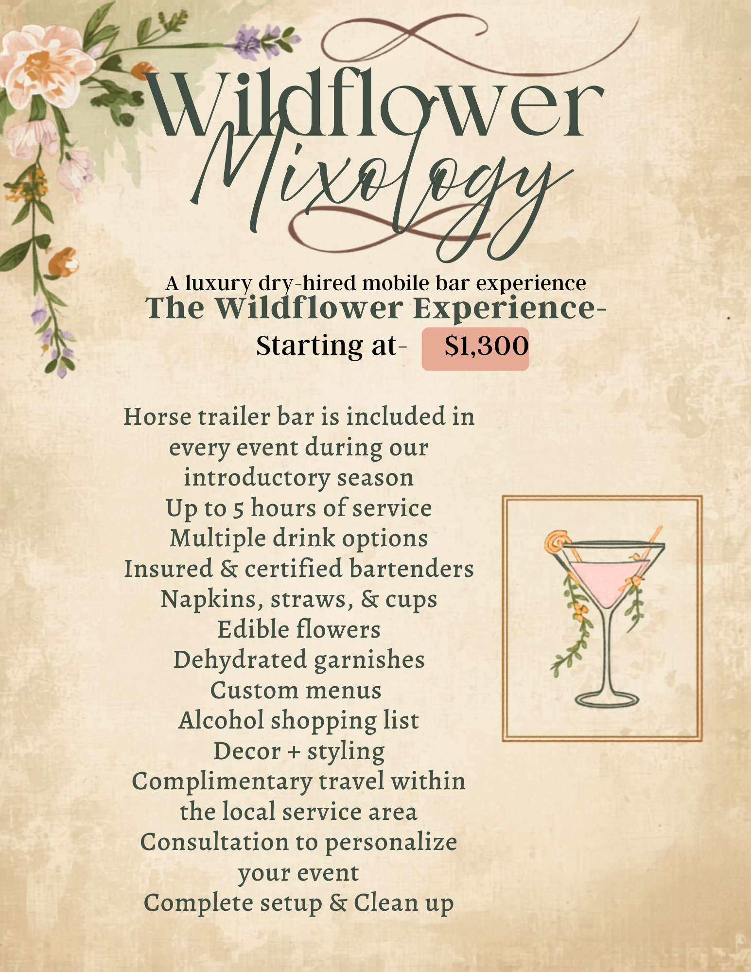 Graphic promoting Wildflower Mixology, a luxury mobile bar service featuring a floral theme with a drawing of a cocktail glass decorated with flowers and greenery. The text highlights services including event setup, customization, and drinks.
