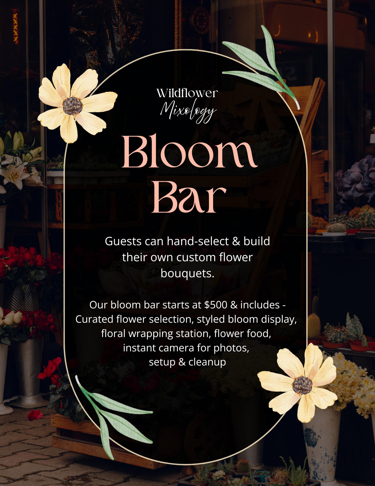 storefront decorated with flowers and plants, with a floral display stand and wooden furniture in the background, and floral decorations in the foreground.