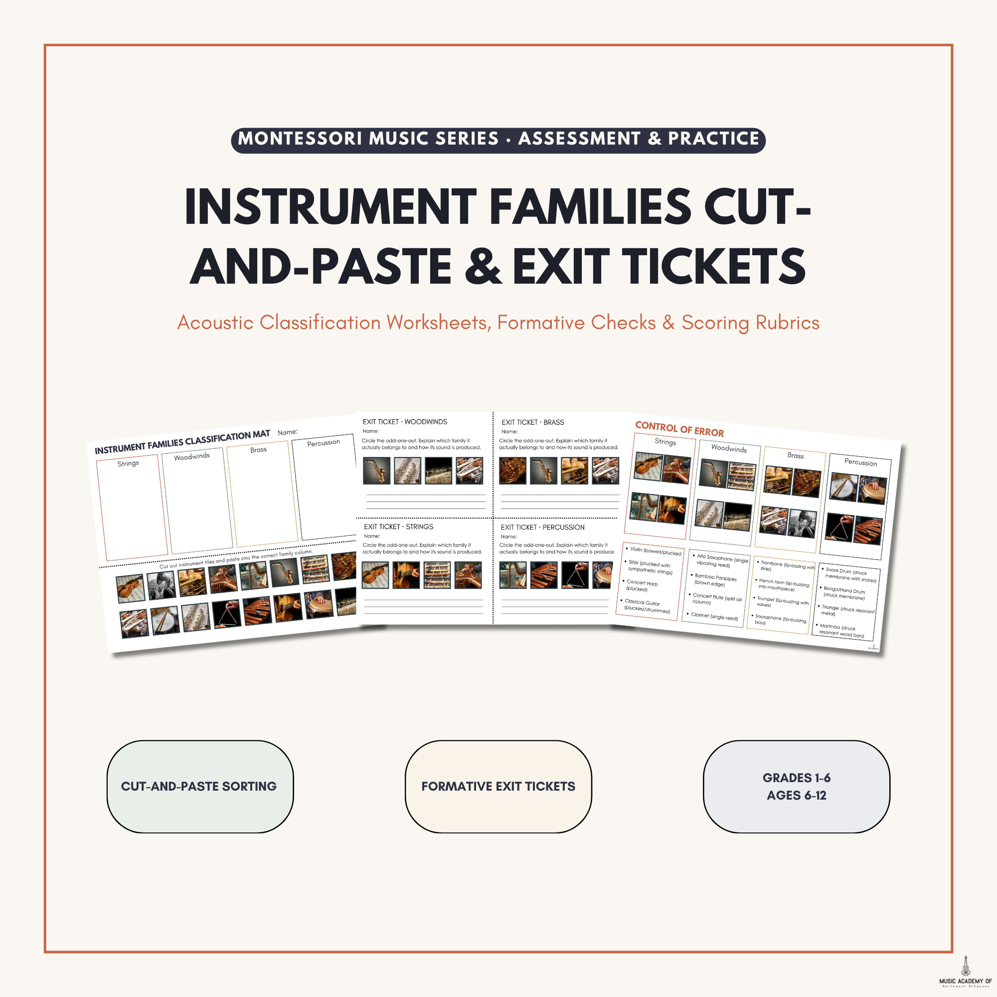 Instrument Families Cut and Paste Worksheets, Exit Tickets & Assessment Rubric