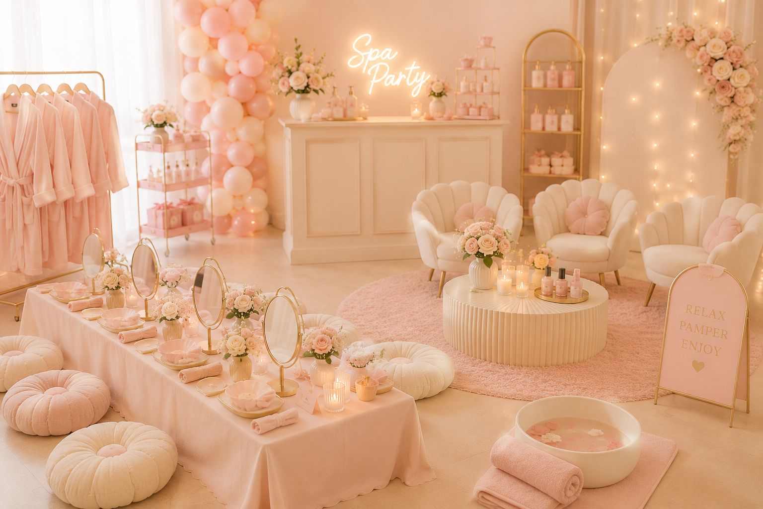 A pastel pink and white spa party room decorated with balloons, flowers, candles, and plush seating, including a sign that says 'Spa Party' and a table set for relaxation.