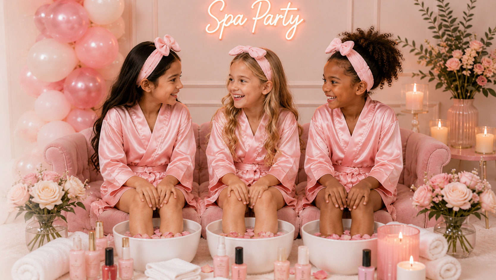 Three girls in pink robes and headbands sitting on a pink couch during a spa party, with foot baths, flowers, candles, and nail polish around them.
