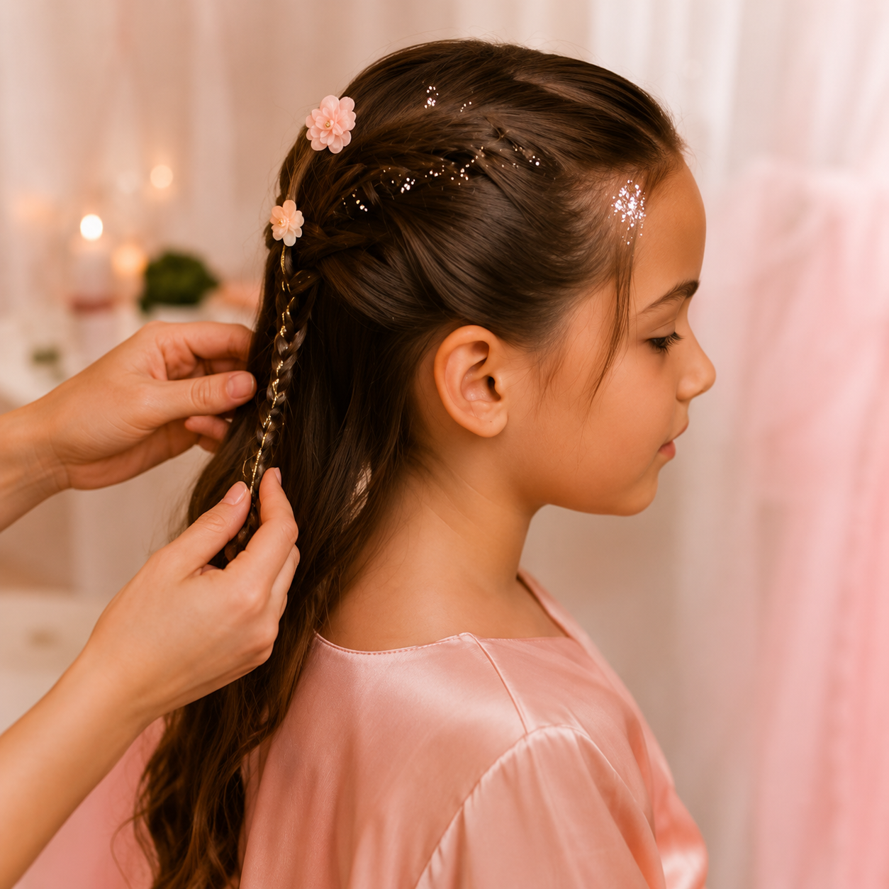 A girl with long brown hair is getting her hair styled, with someone braiding her hair in a salon or dressing room. The girl is wearing a shiny pink satin top, and her hair has decorative accessories, including pink flowers and small sparkling accents.