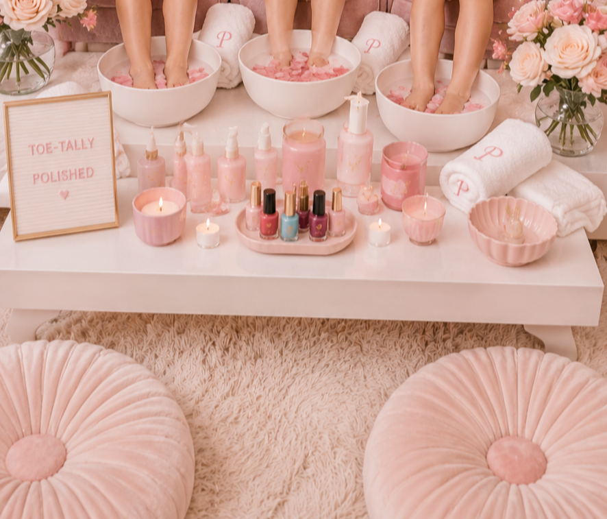 Feet soaking in pink pedicure bowls with manicure supplies and candles on a white table, surrounded by pink flowers and plush ottomans.