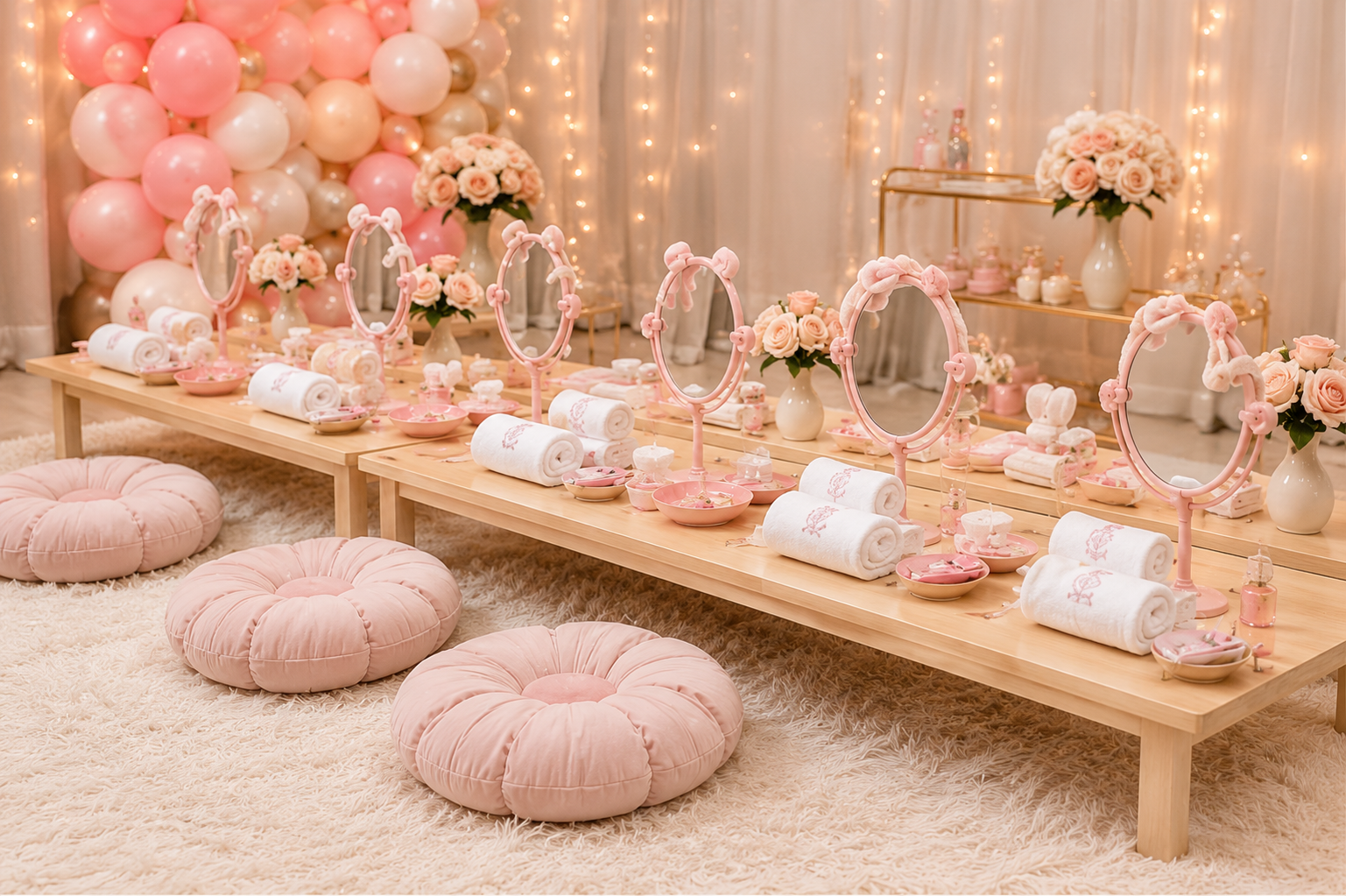 A beautifully decorated pink and white party table set up for a celebration, featuring pink and white balloons, pink floral arrangements, rolled towels, pink framed mirrors, and soft pink seating cushions on a plush cream carpet.