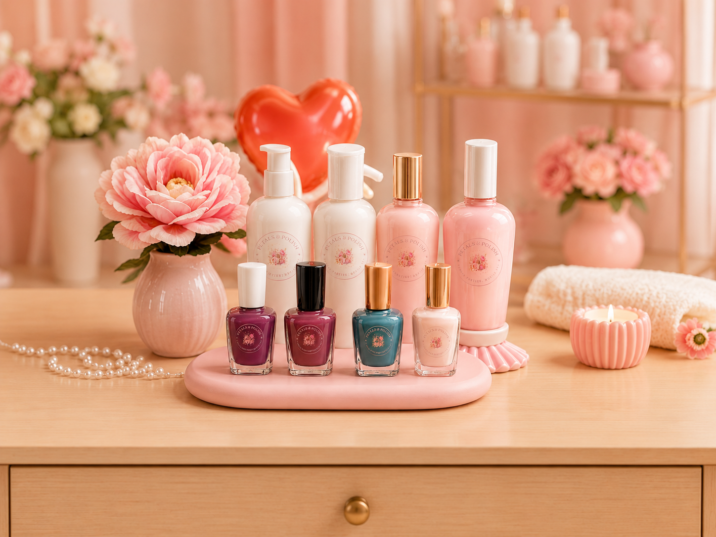 A pink-themed display of beauty and skincare products on a wooden surface, including nail polish bottles and lotion bottles, complemented by pink flowers, candles, and decorative items in a cozy, well-lit room.