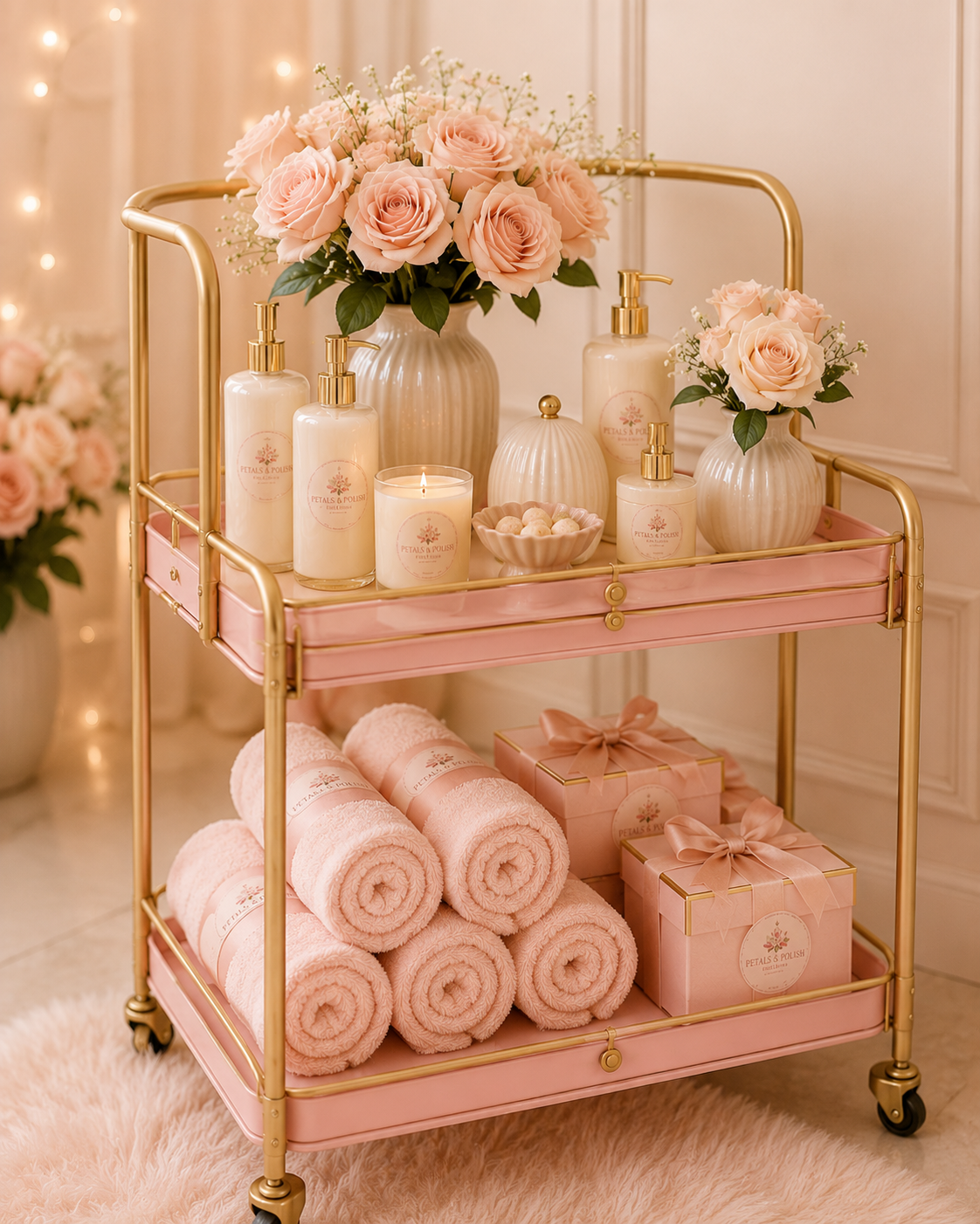 Pink flower cart with vases of pink roses, candles, lotions, towels, and gift boxes, decorated in a soft, elegant style.