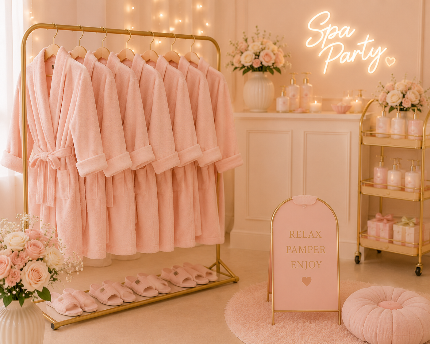 A boutique spa room decorated in soft pink tones with a clothing rack holding pink robes, slippers on the floor, and a sign that reads "Relax Pamper Enjoy." There are flower arrangements, candles, and a neon sign that says "Spa Party" on the wall.