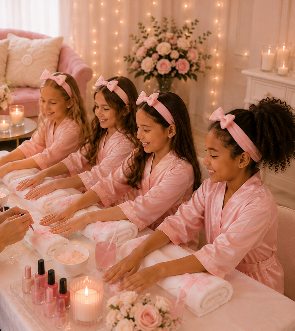 Four young girls in pink satin robes and matching pink headbands with bows, sitting at a table receiving manicures in a cozy, decorated room with candles, flowers, and fairy lights.