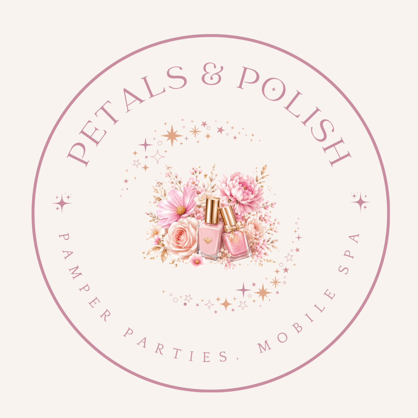 Round logo for Petals & Polish featuring pink flowers and two bottles of pink nail polish, surrounded by stars and sparkles, with text indicating it is for women and parties.