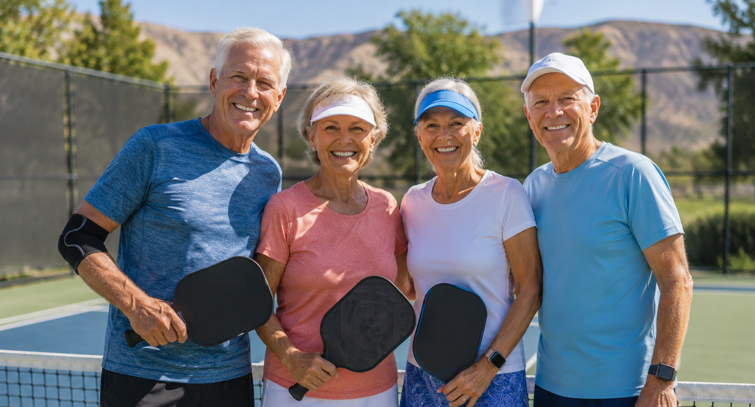 Active seniors playing pickleball, staying healthy on Medicare in Grand Junction, Colorado.