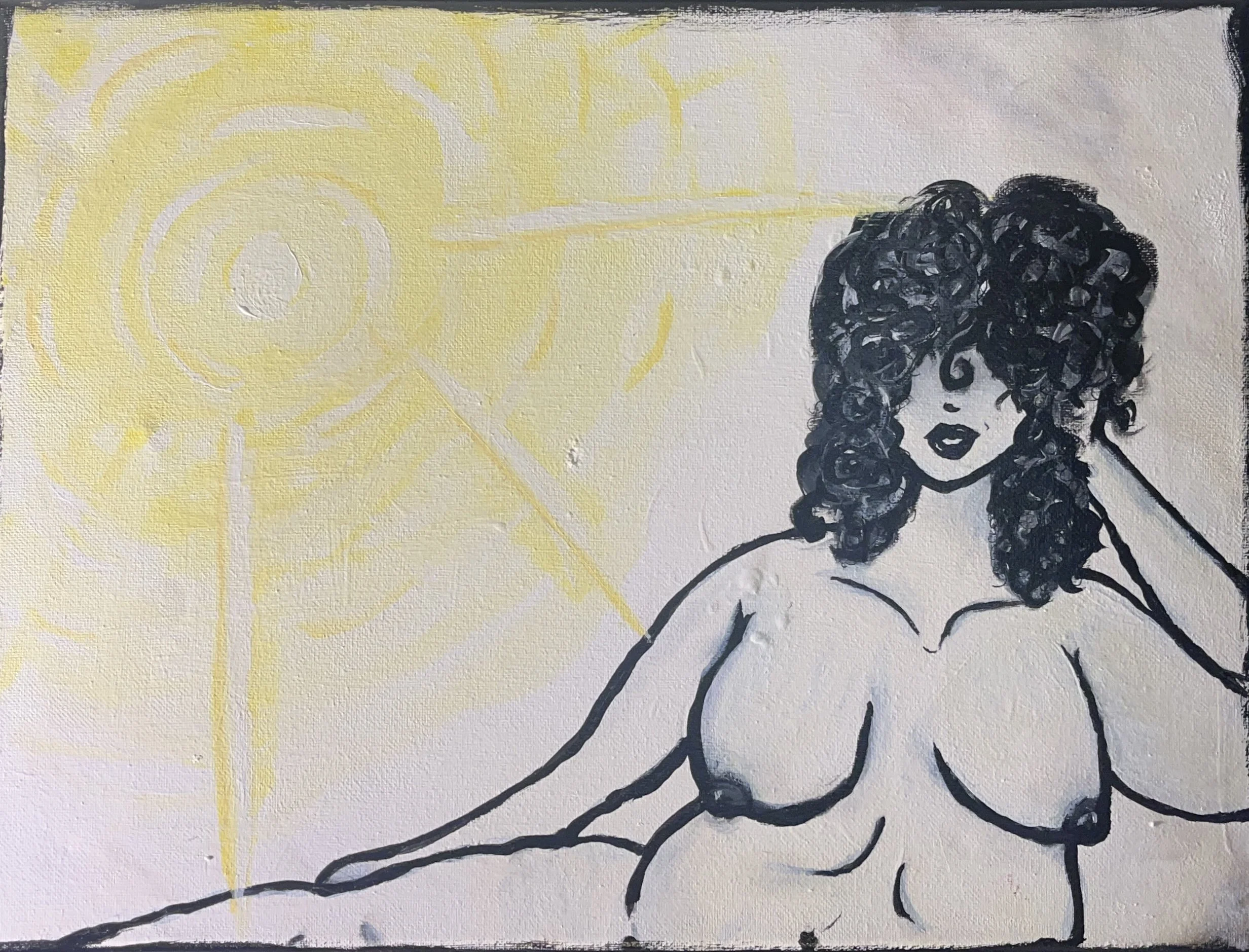 Mixed media artwork featuring a stylized sketch of a woman with curly hair, with abstract yellow lines and shapes in the background.