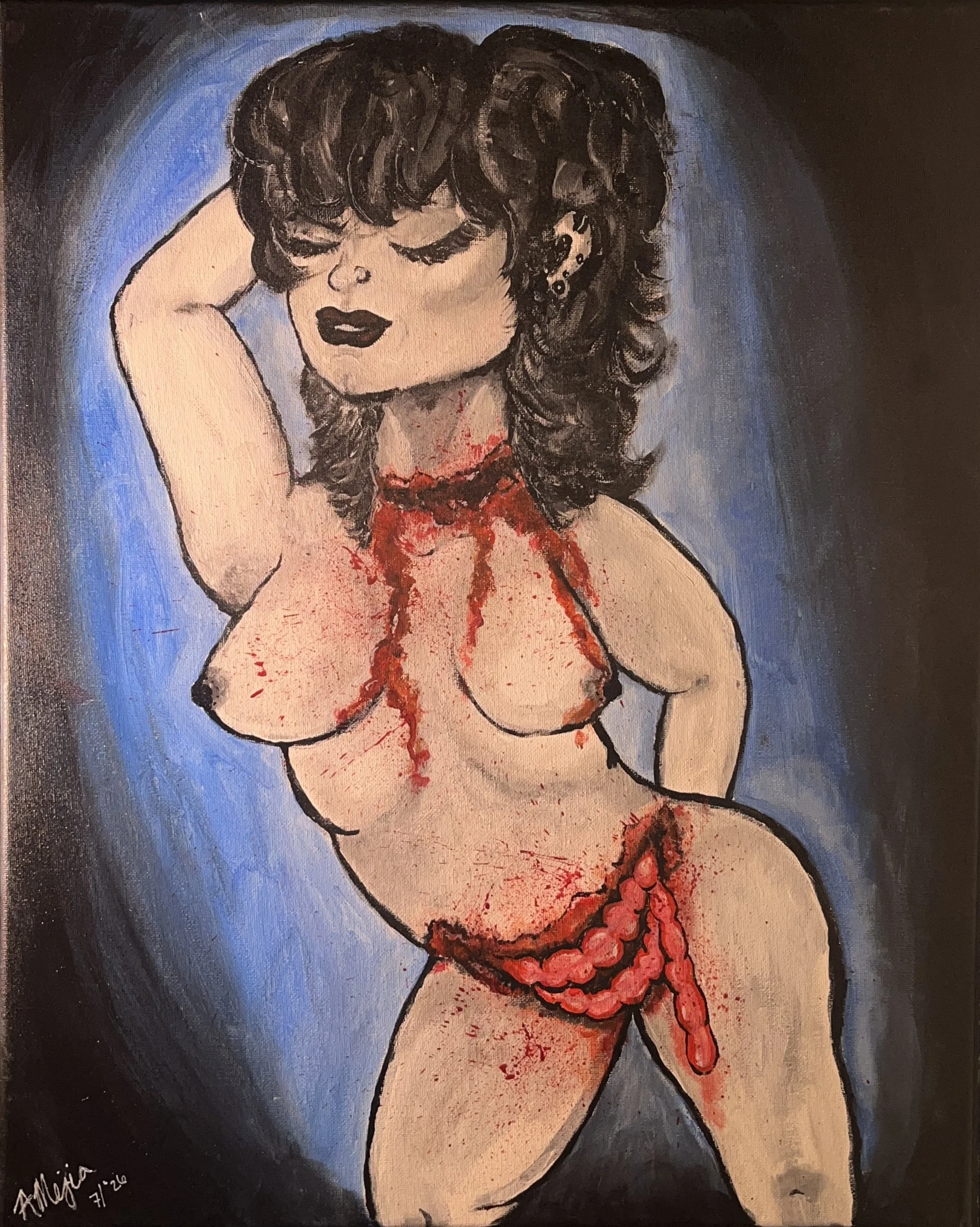 A painting of a woman with dark, curly hair and black lipstick, holding her hand behind her head. She is topless and has red paint or blood around her neck and on her chest. The background features a gradient of dark blue to black, and the artist's signature and date are in the bottom left corner.