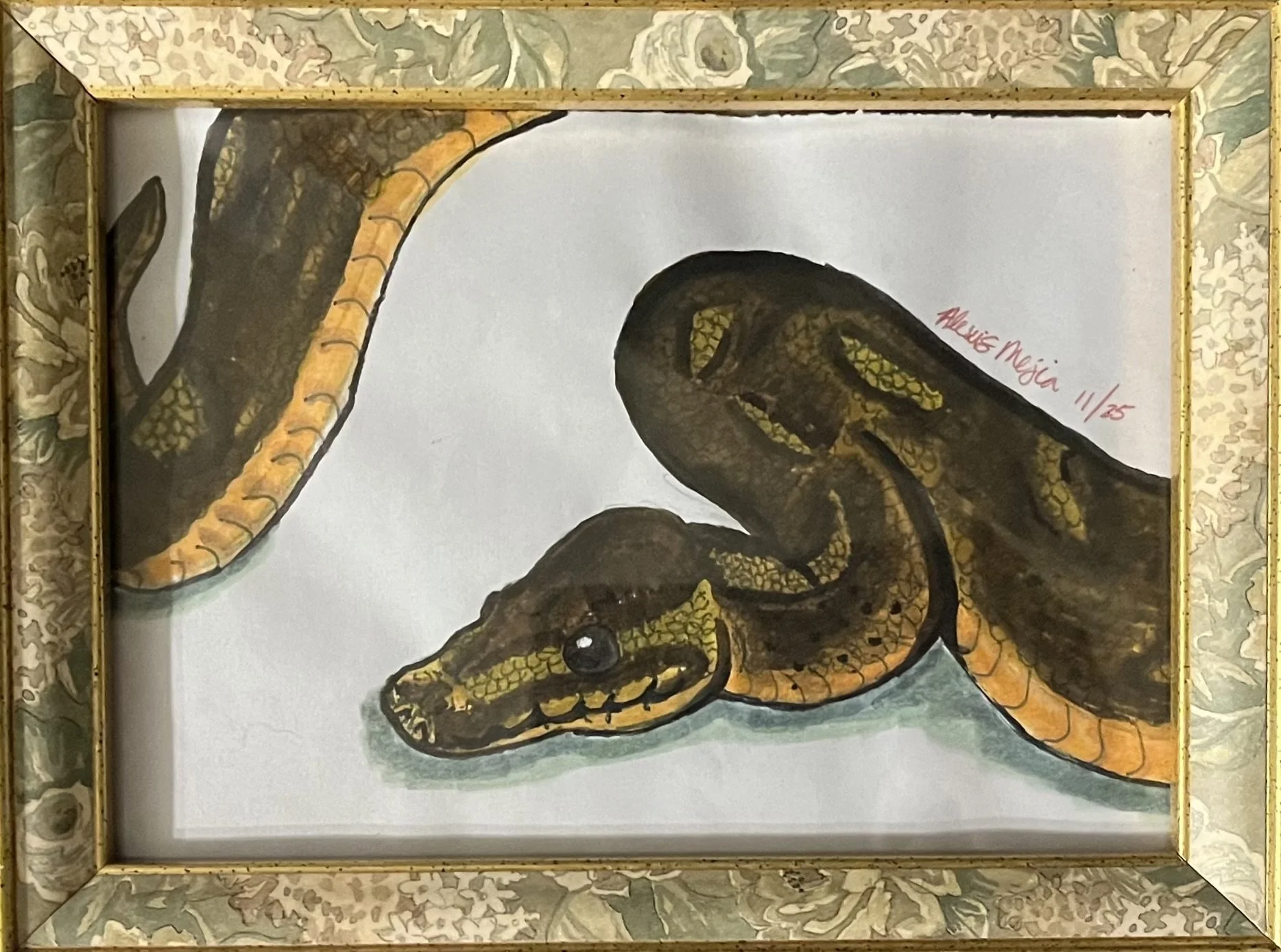 A framed painting of a snake with yellow and black scales. The signature 'Alvarez Mejia 11/25' is in the bottom right corner.