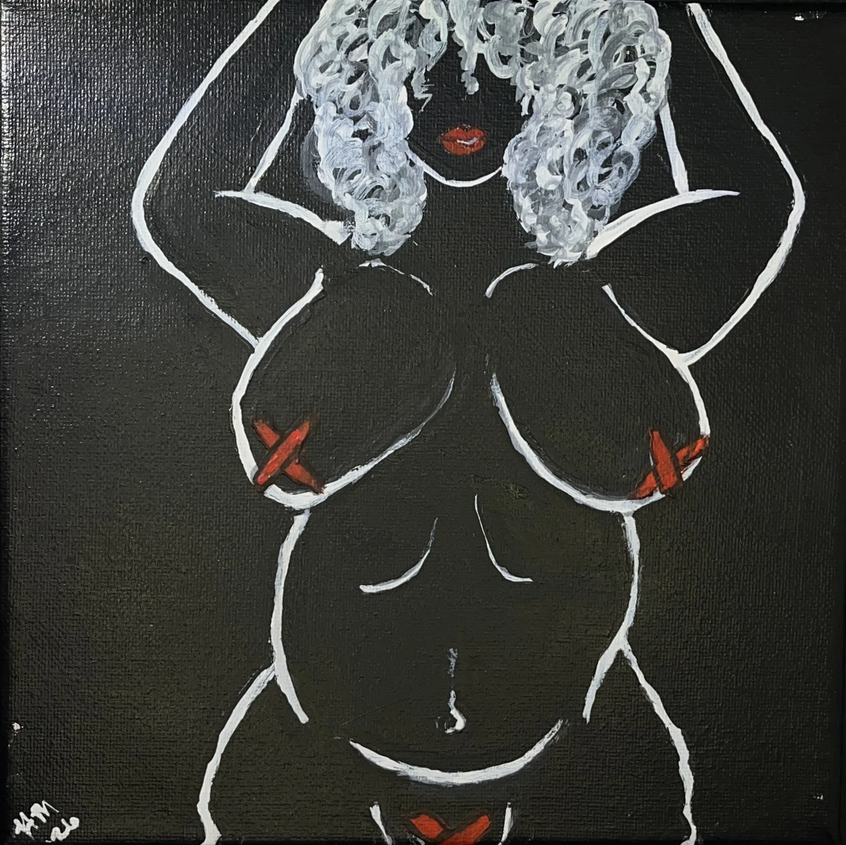 A painting of a woman with curly white hair, red lips, and red painted nails, depicted in an abstract style with white outlines and shading against a black background.