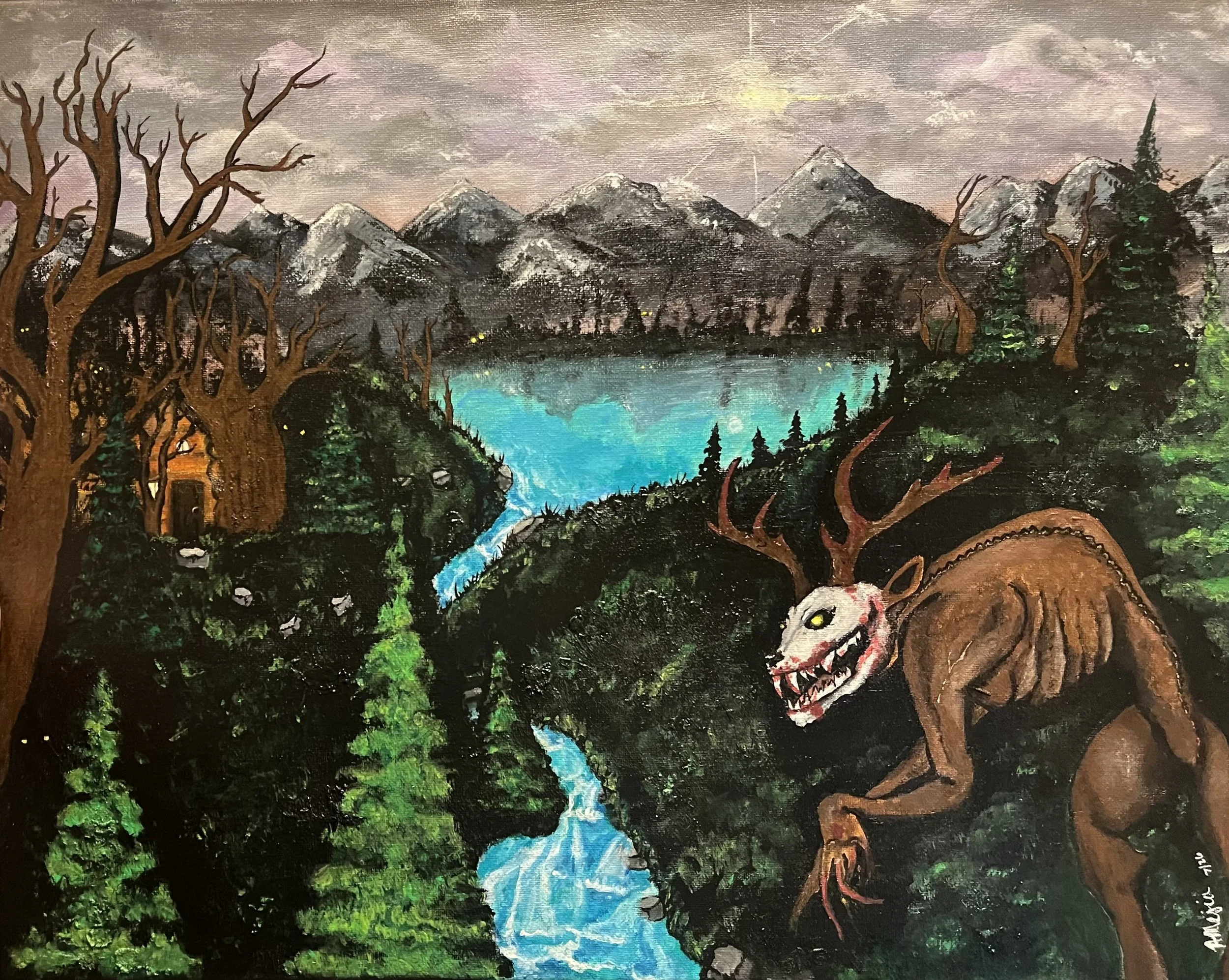 Painting of a mountainous landscape with a glowing sky, a river running through the forest, and a creature resembling a dinosaur in the foreground.