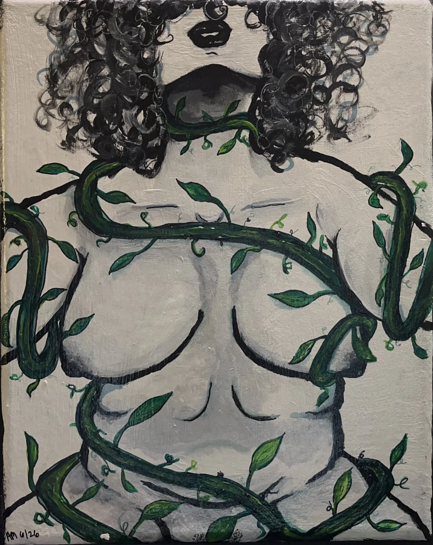 A painting of a woman with curly black hair and fully painted lips. She has vines growing around her face and body, and the vines have green leaves. The background of the painting is light. The artist's initials and date, 'AM 4/26,' are in the lower left corner.