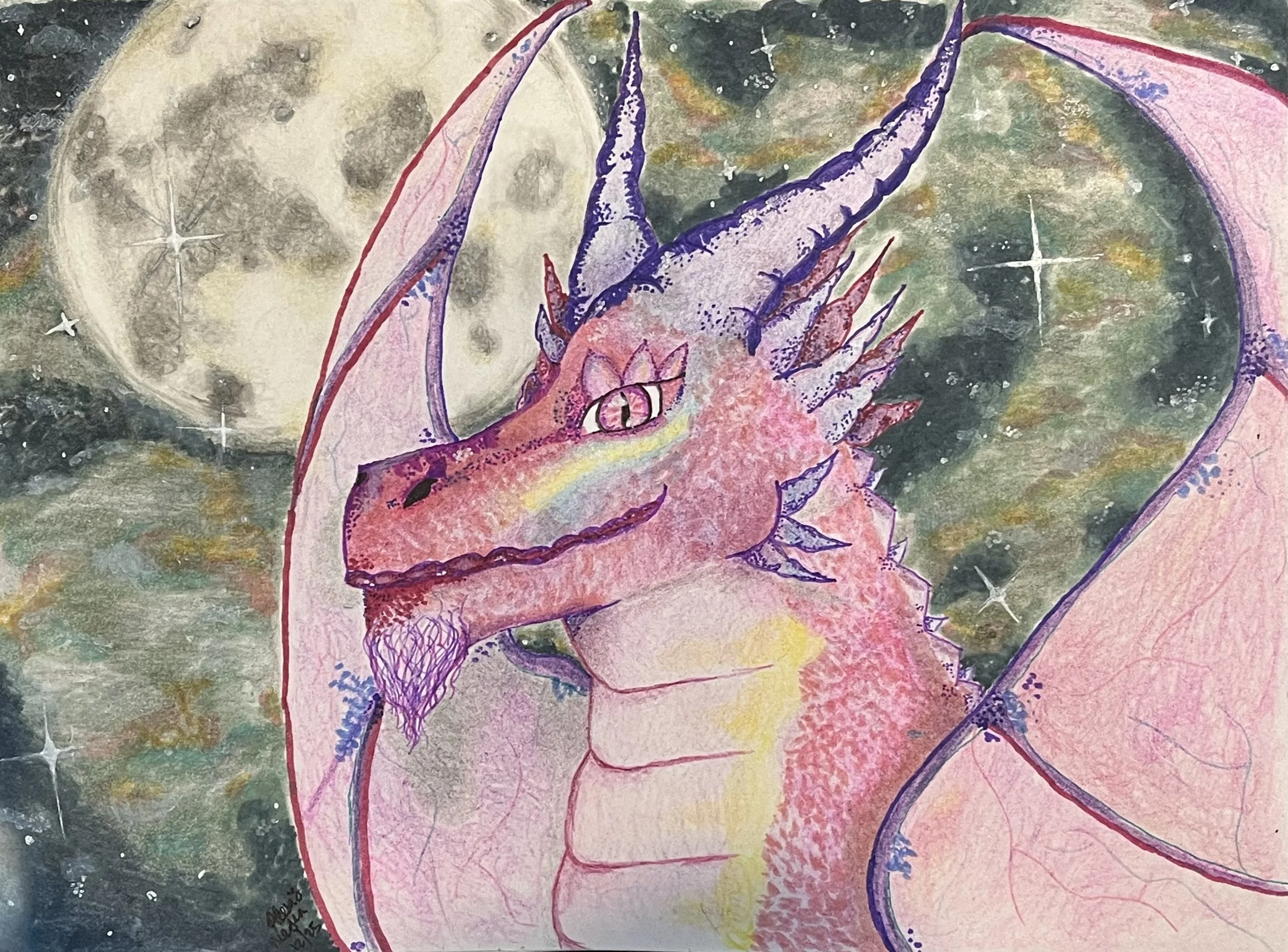 A watercolor painting of a dragon with purple and pink scales, large green wings, and sharp claws, flying against a background of stars and the moon in space.