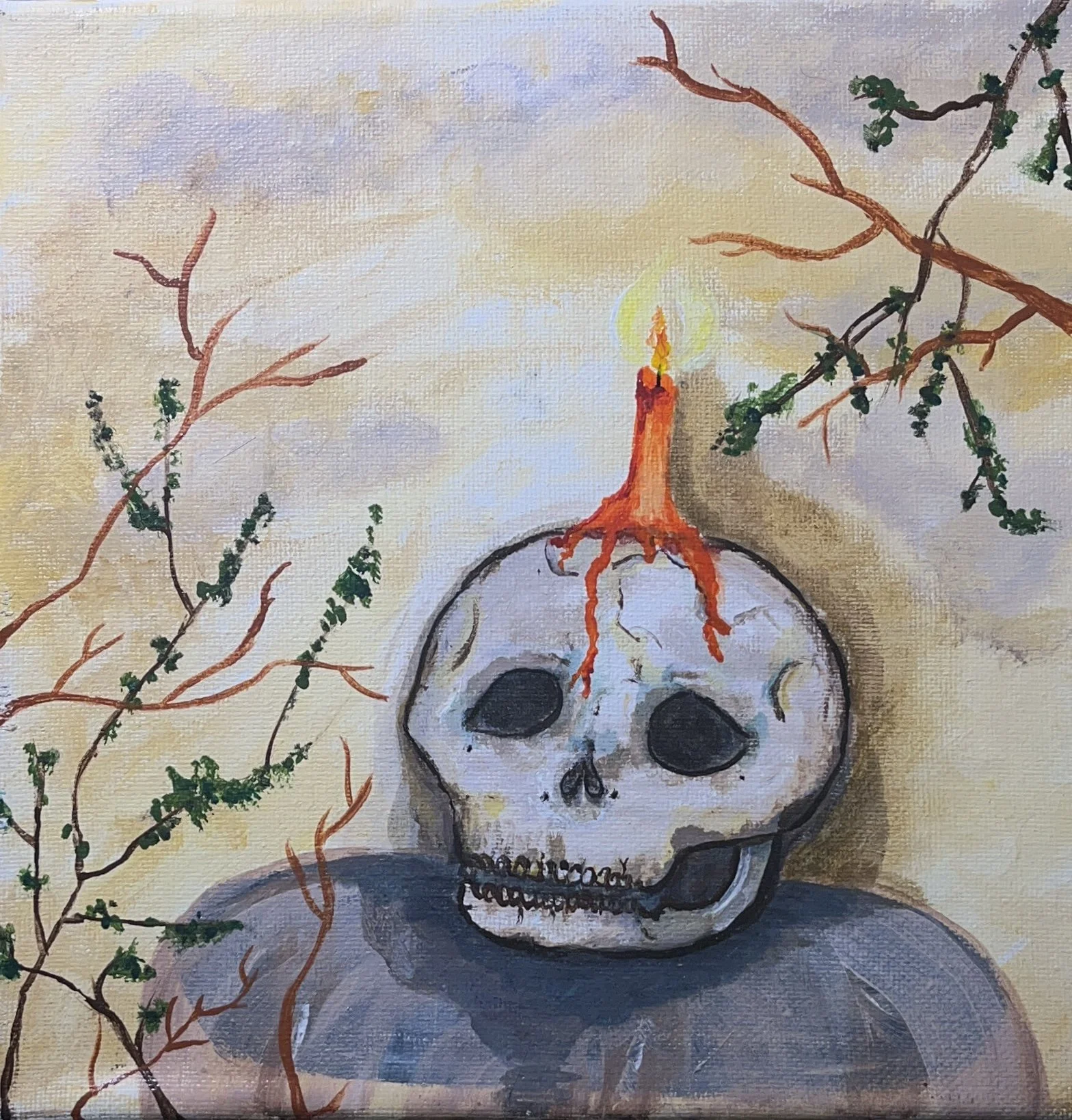 A painting of a human skull with a burning candle on top, sprouting roots inside it, with branches and green leaves surrounding it, against a pastel background.