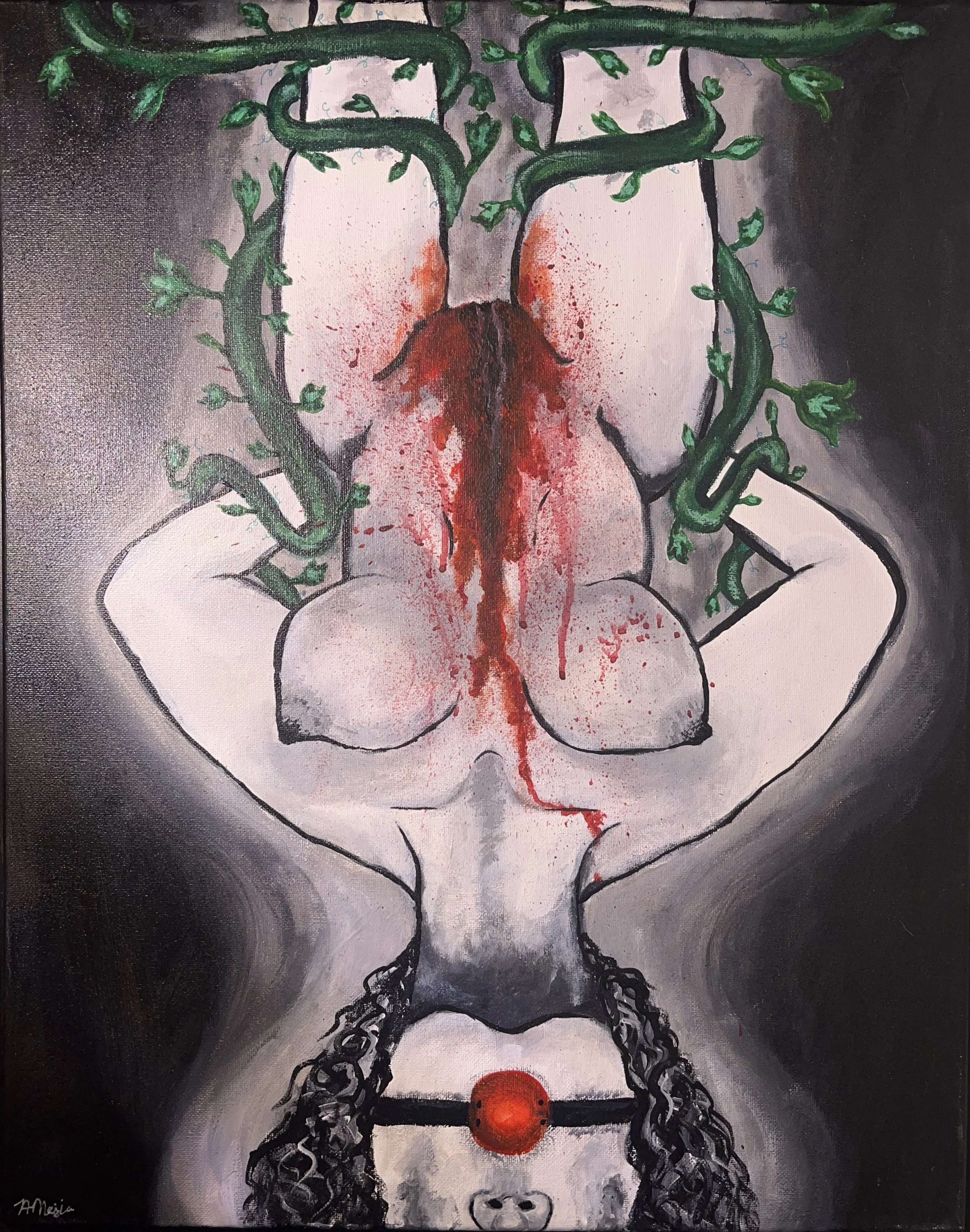 A surrealist painting depicting a vertical split face with the top half showing a serene human face with closed eyes, and the bottom half featuring a skull with a red orb on the forehead. Green vines grow from the sides of the face, wrapping around the skull, against a dark, smoky background.
