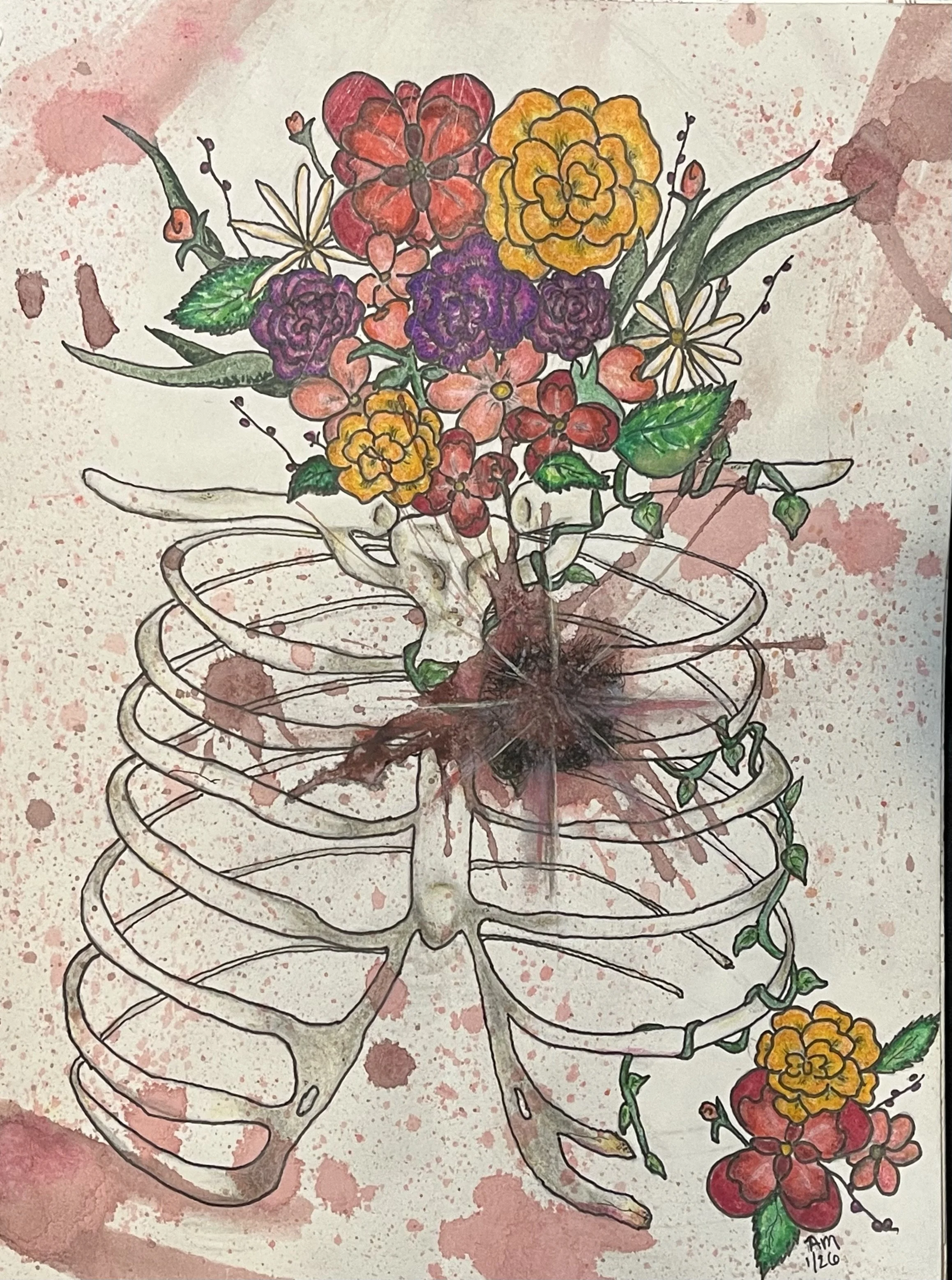 A watercolor illustration of a human skeleton holding a bouquet of colorful flowers with pink and red splatters in the background.